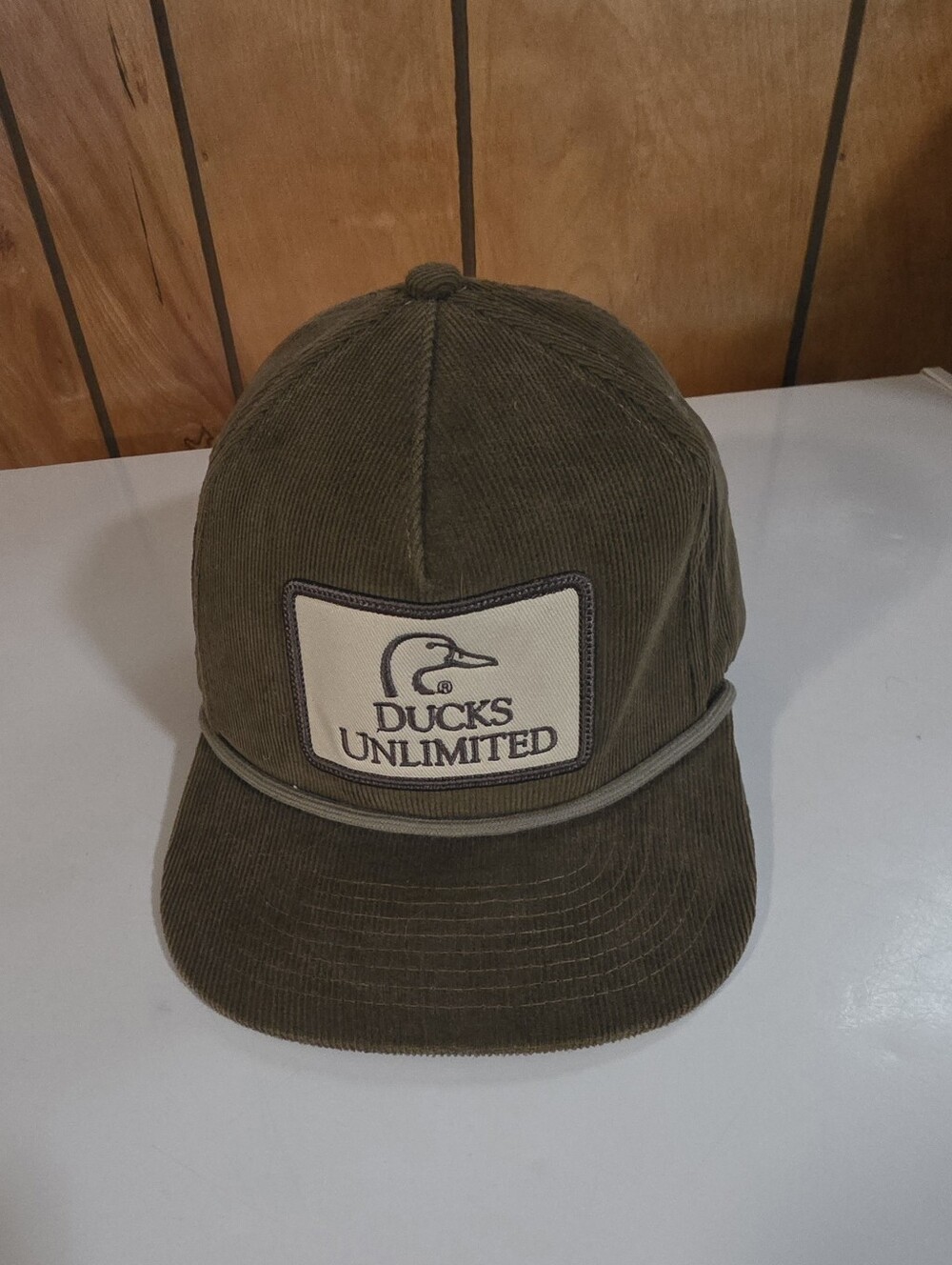 Vintage Ducks Unlimited Brown Corduroy Cap Logo Patch In Cream With Rope Detail